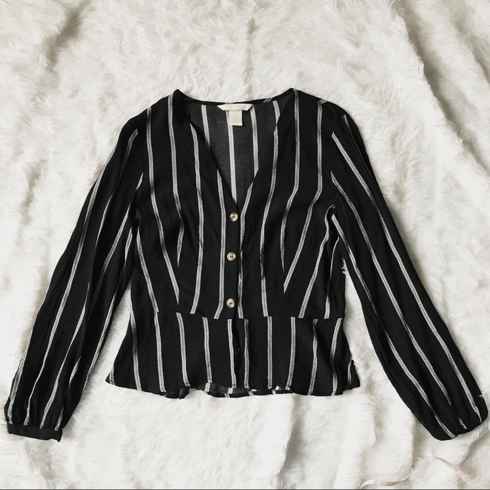 H&M Striped Black Button Down Shirt Peplum EUC
